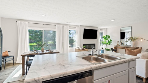 kitchen island and great room