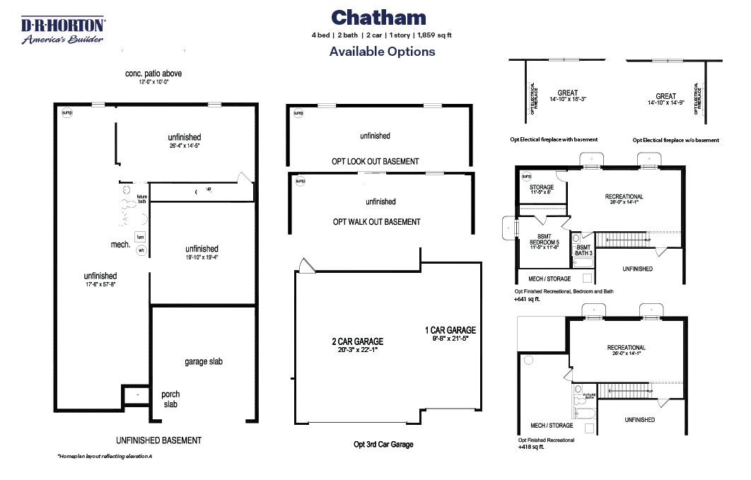Black and white technical drawing of a chatham plan home with a basement