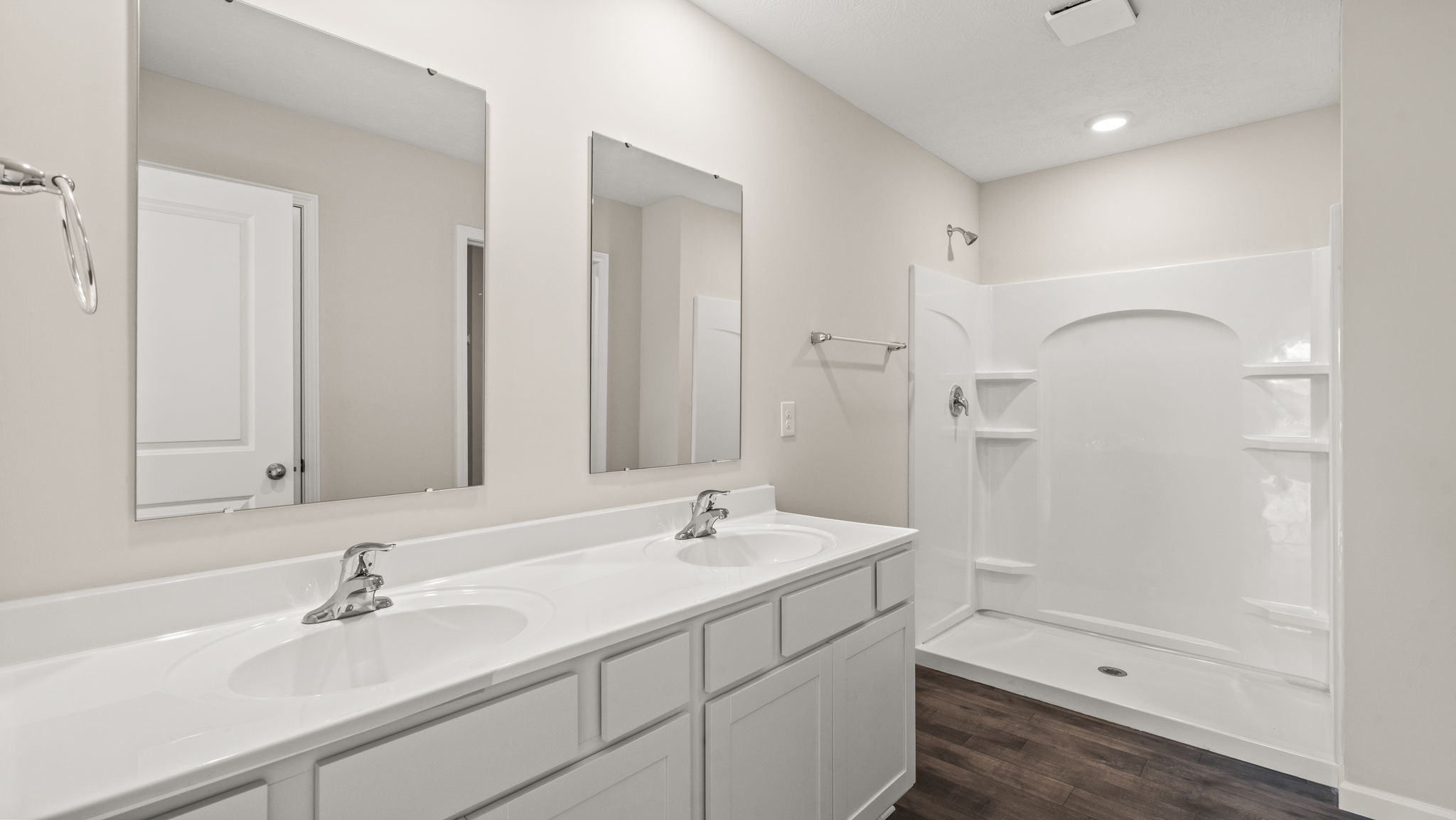 Bathroom with double vanity sink.