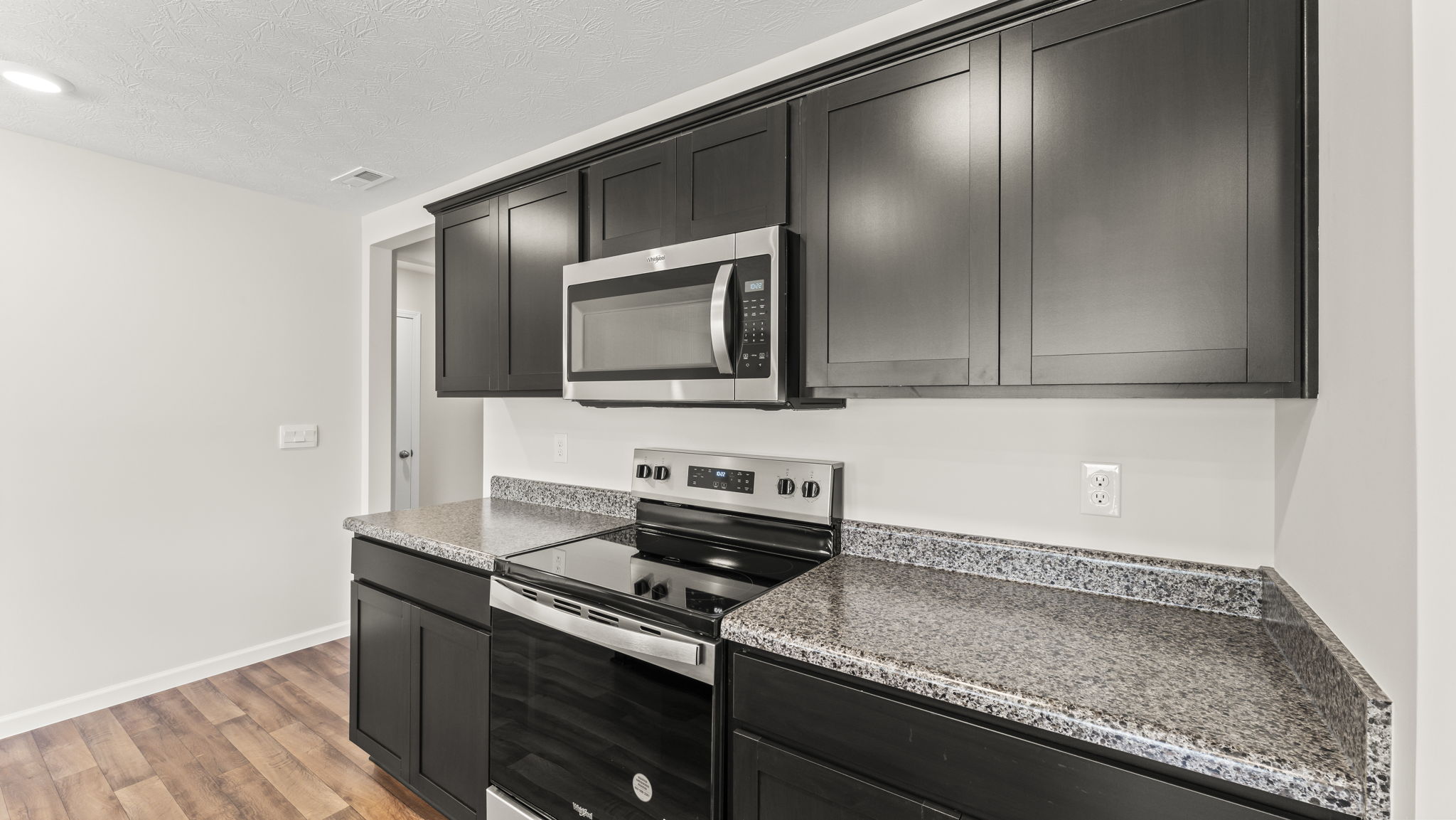 Kitchen with black cabinetry.