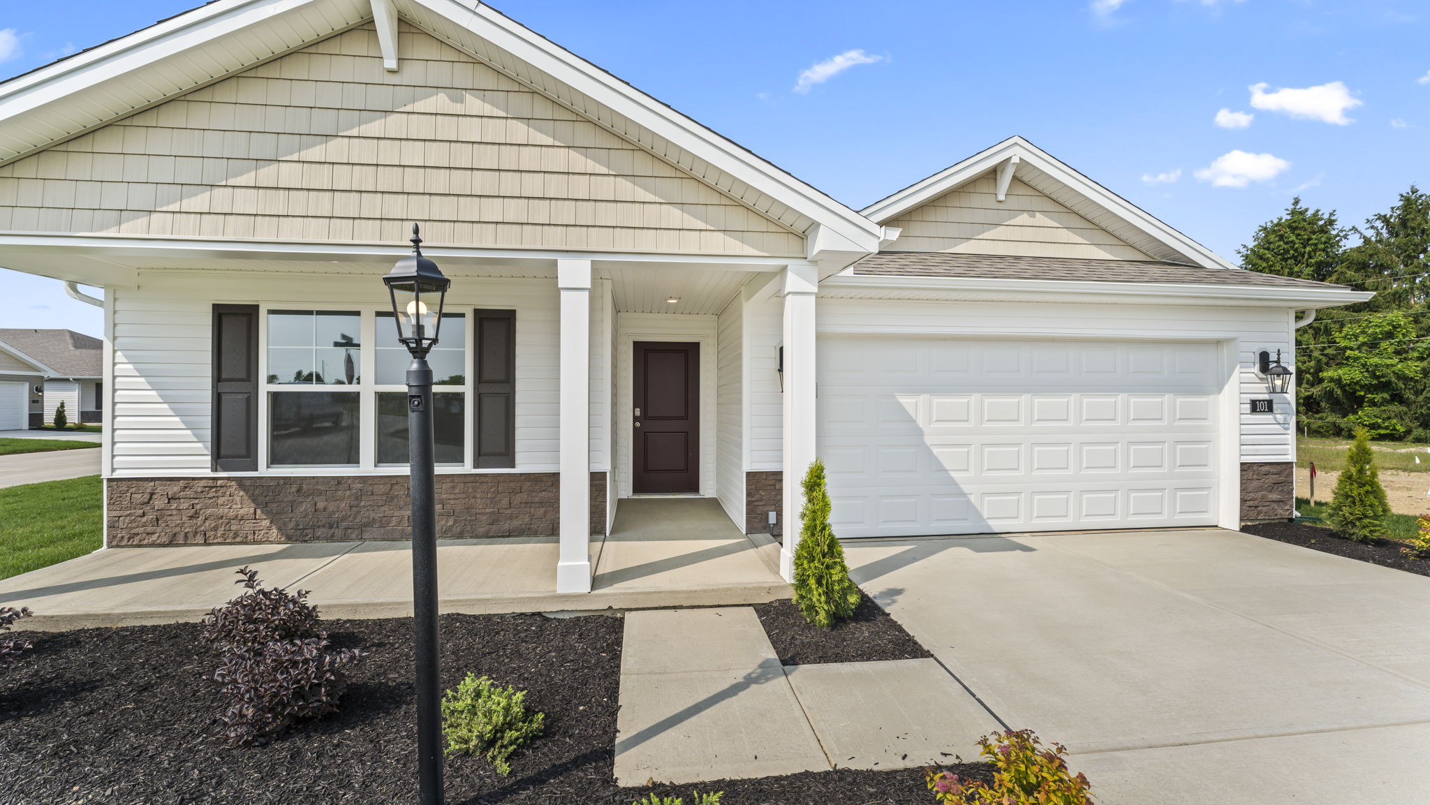 Closeup of the porch of a newcastle plan home.