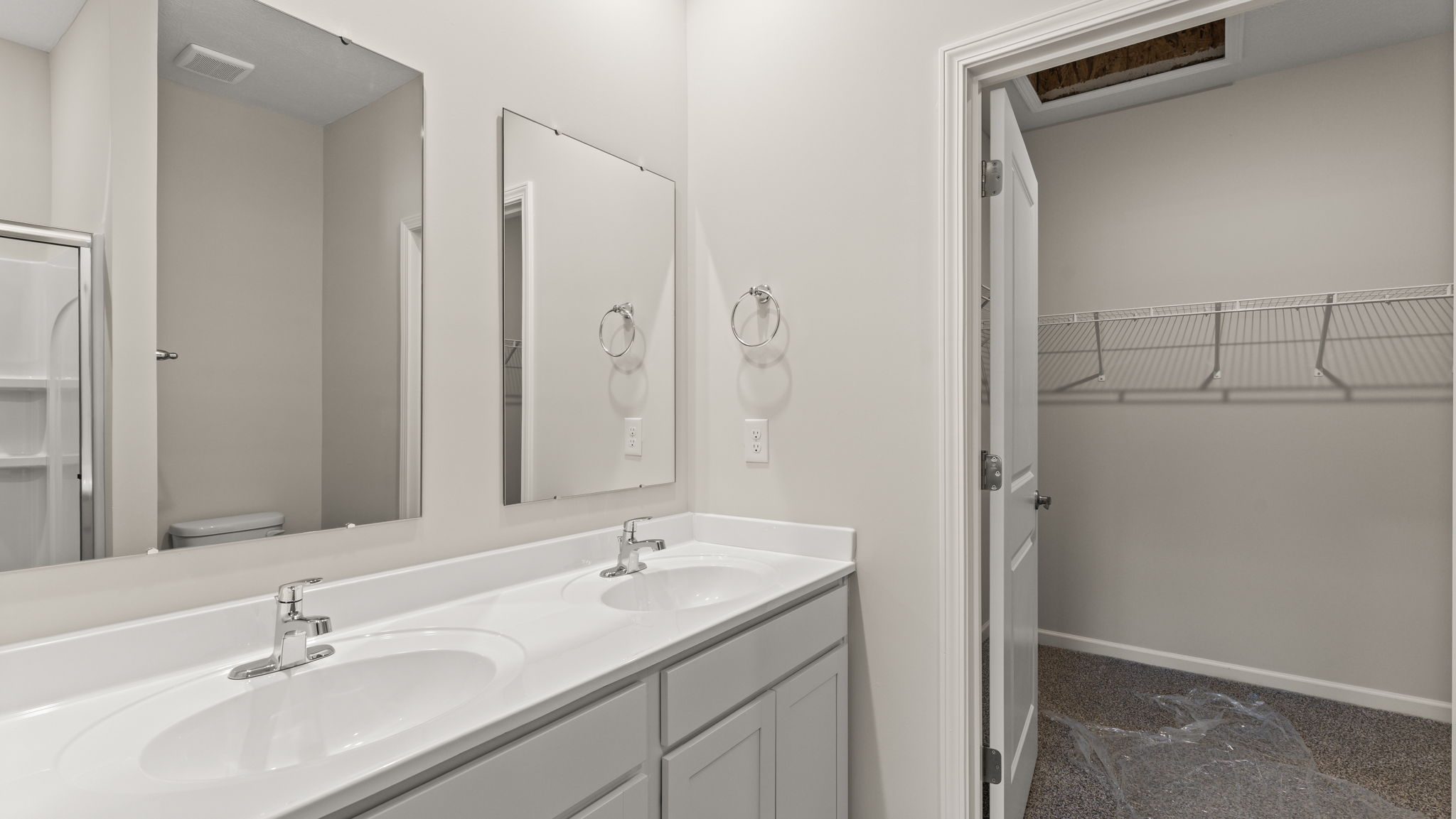 Primary bathroom dual-sink vanity.