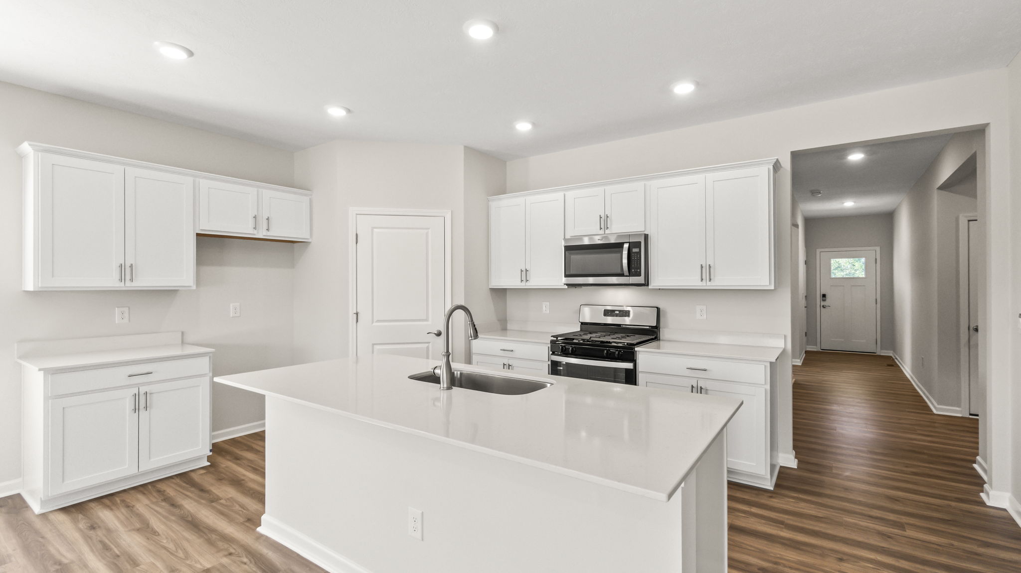 Three-quarter view of full kitchen