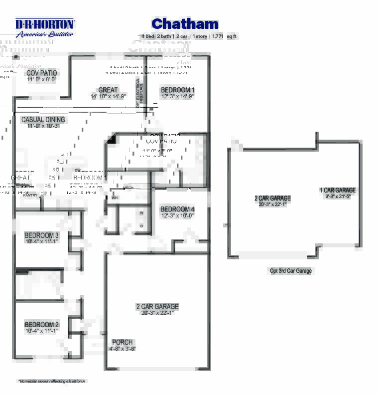 Black and white technical drawing of a Chatham plan home