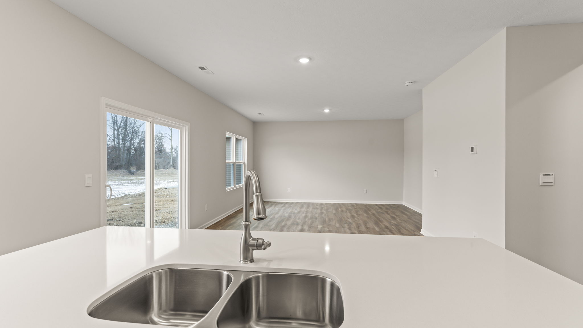 Perspective of the great room from the sink