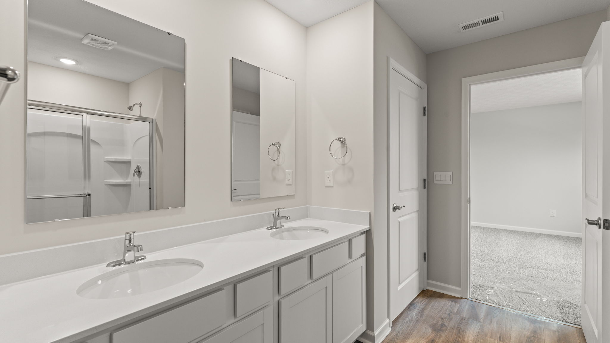 Closeup of dual-vanity sink.