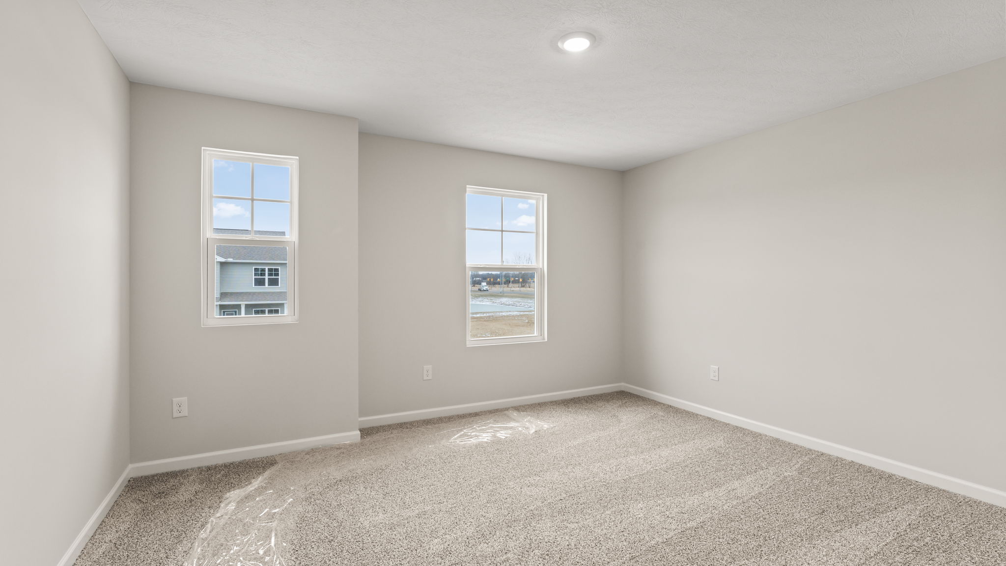 Carpeted bedroom with two windows.