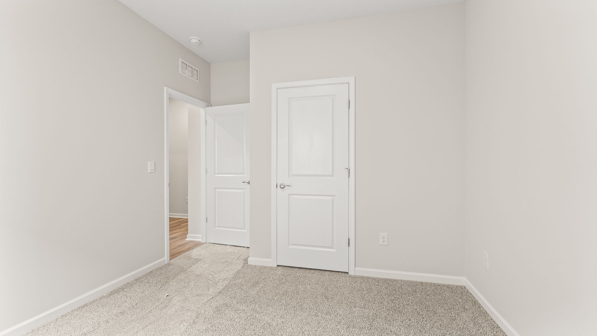 Carpeted bedroom with closet and view of hallway through door