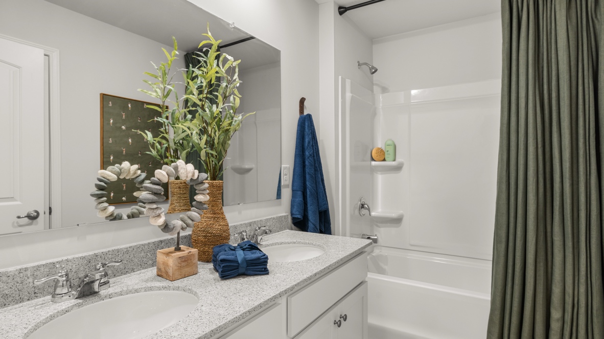 Closeup of bathrom with double bowl vanity, large mirror, and green/blue decorations.