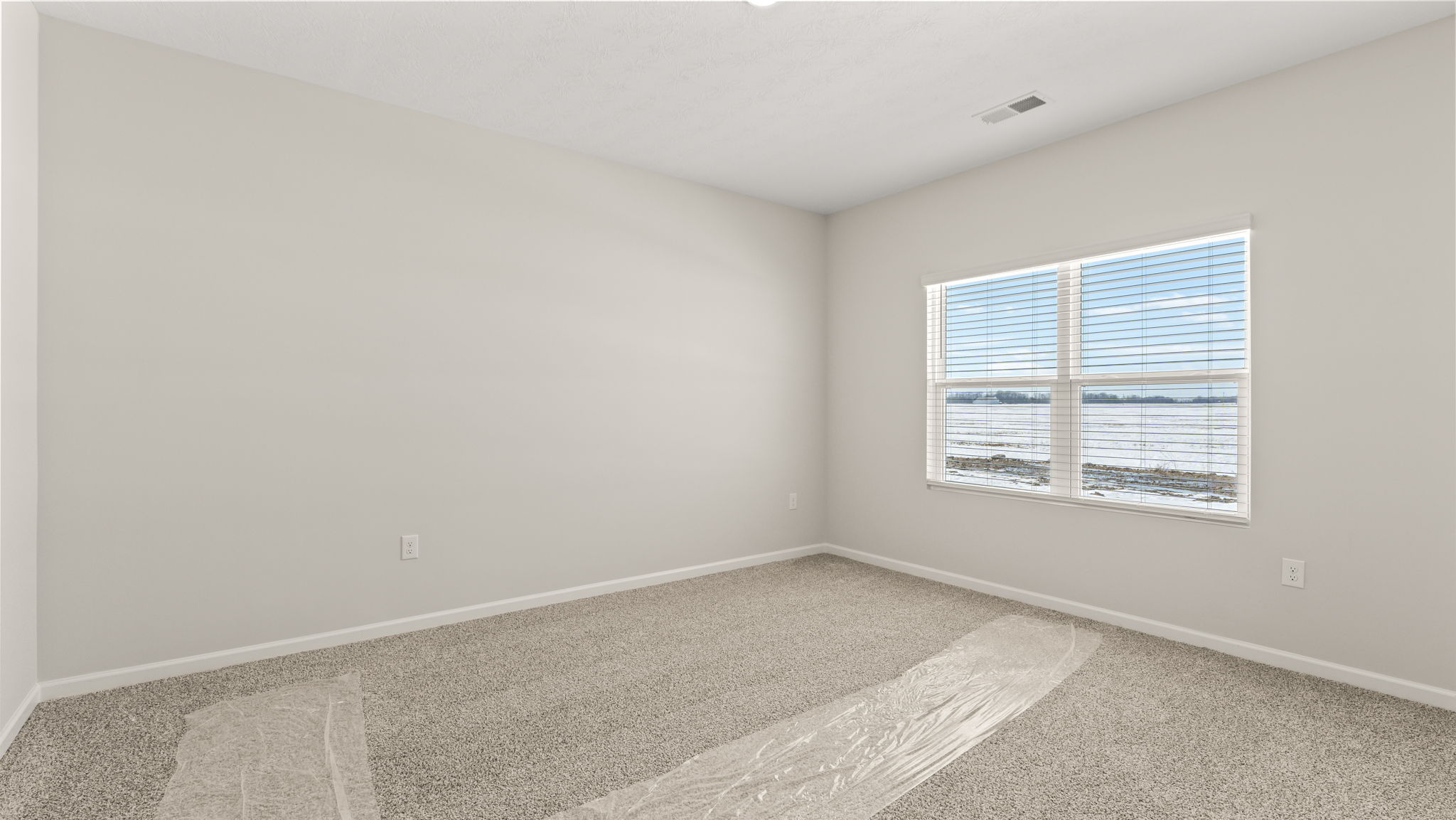 Carpeted primary bedroom with window