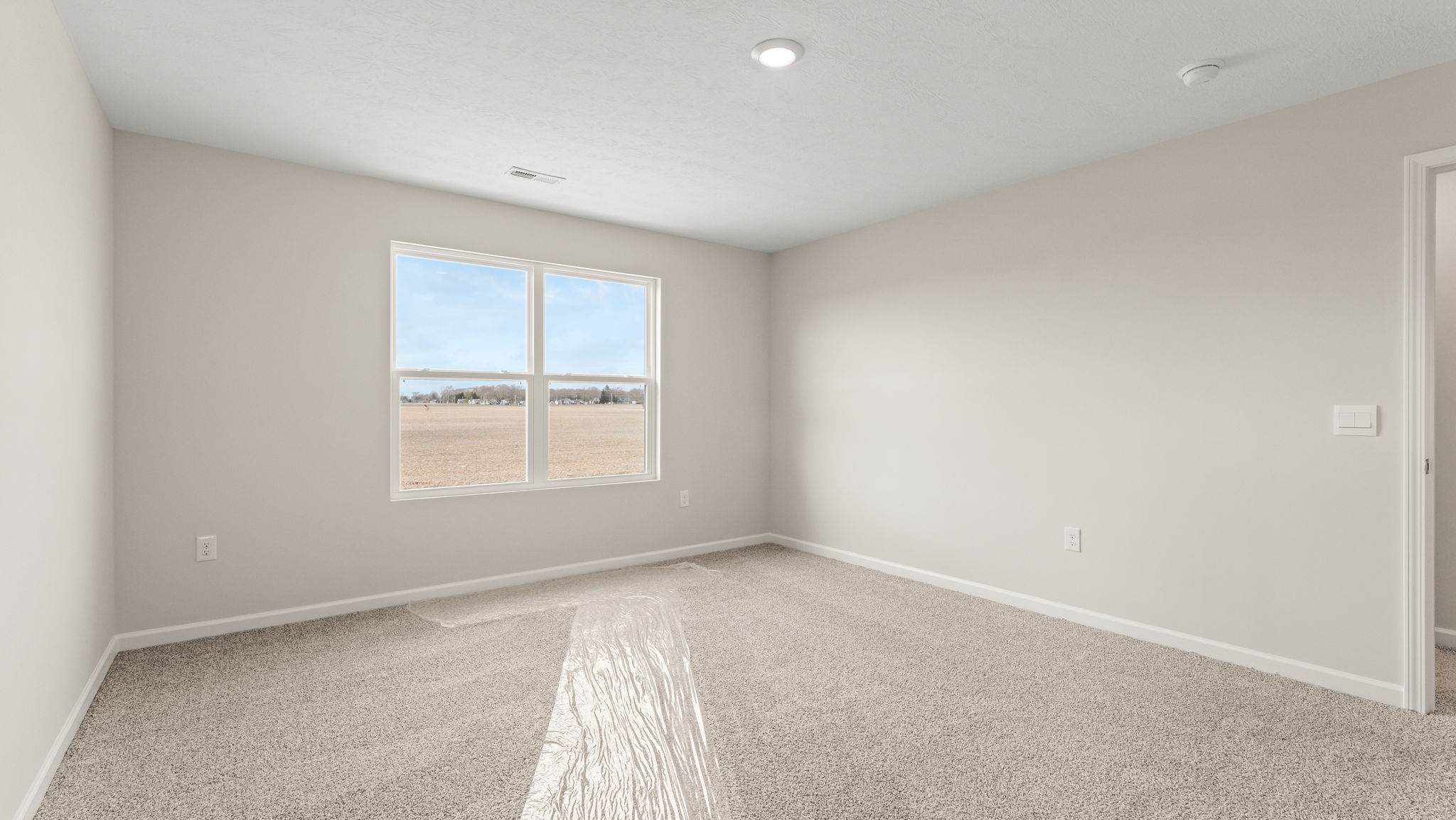 Primary bedroom with carpet and window