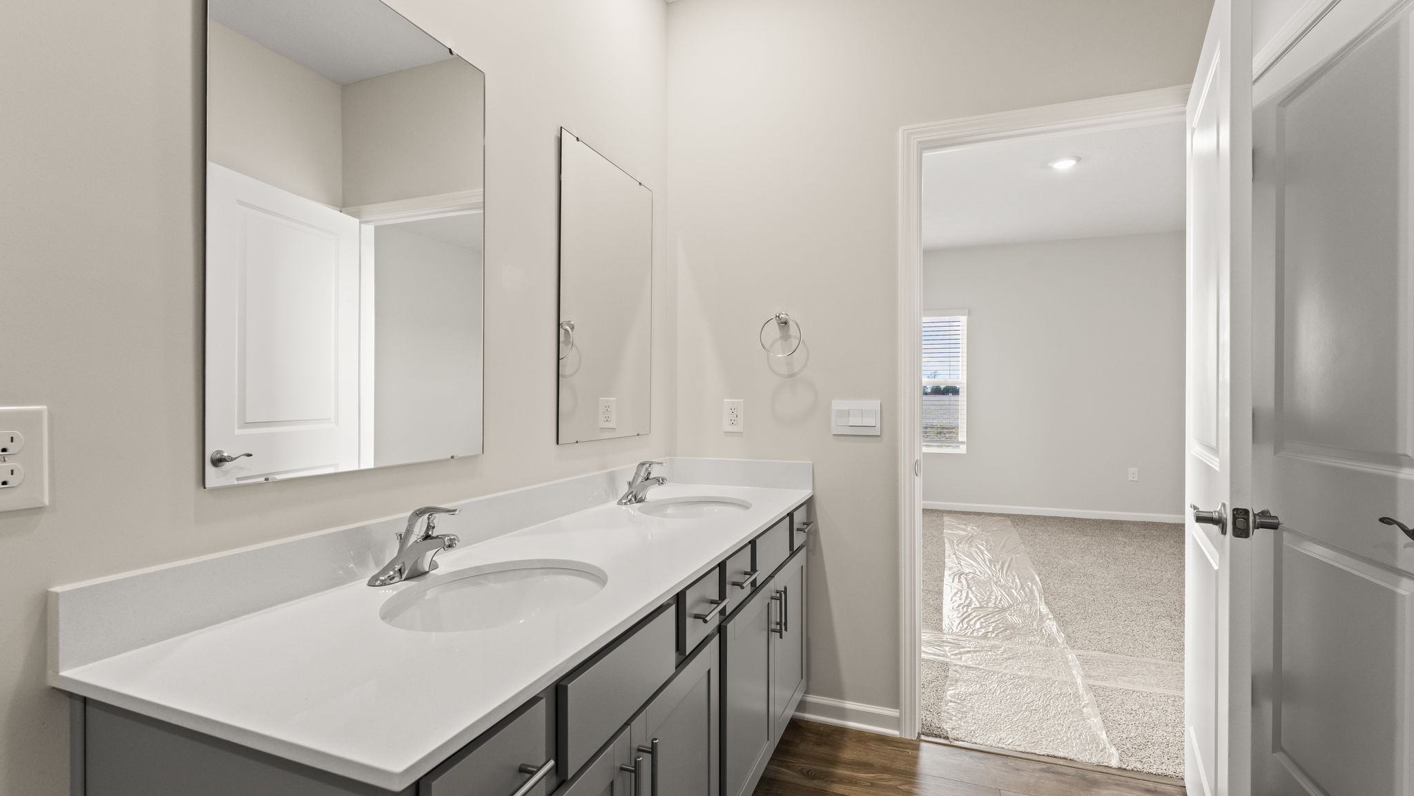 Closeup of primary bathroom countertop.