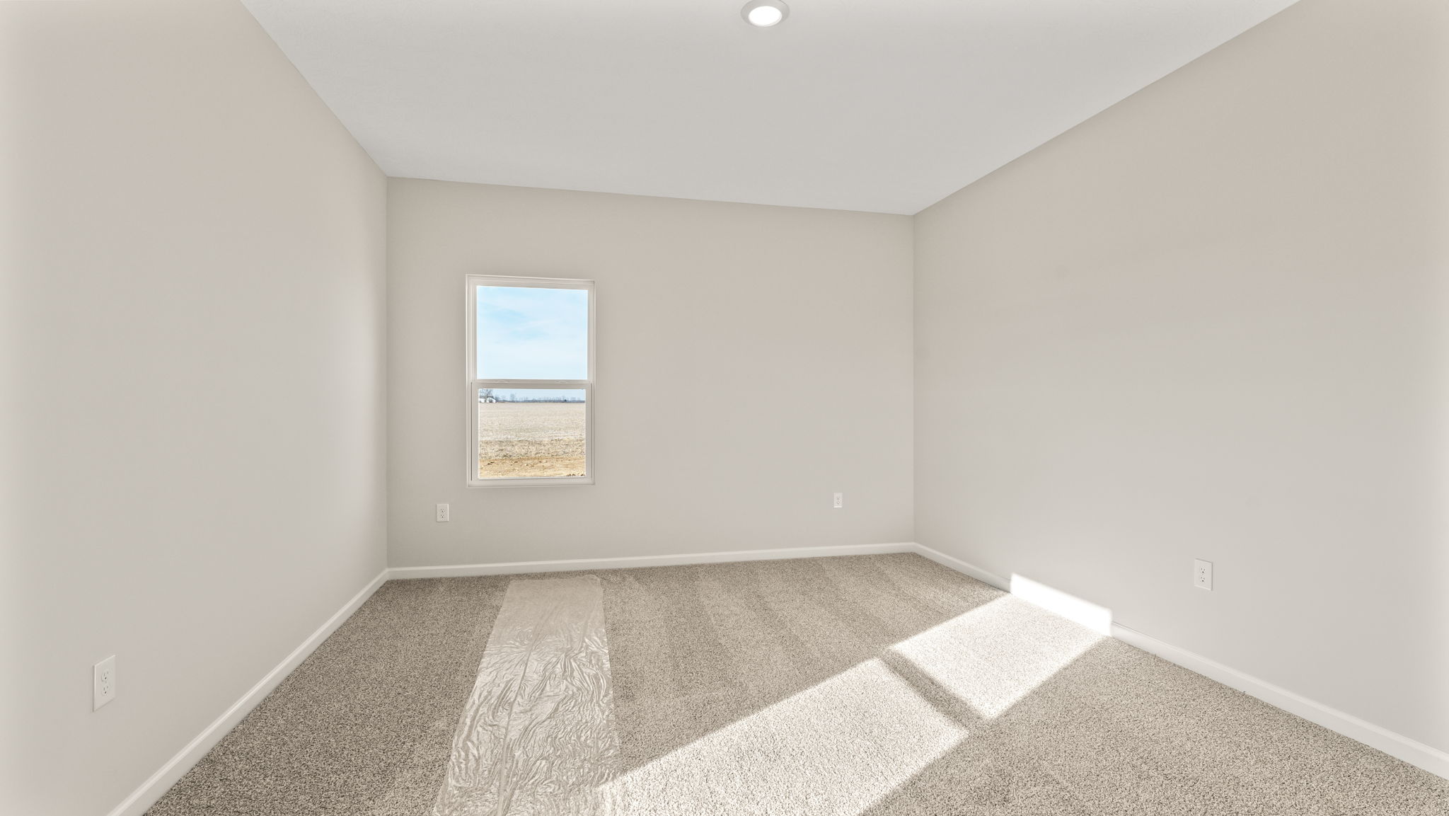 Primary bedroom with carpet.