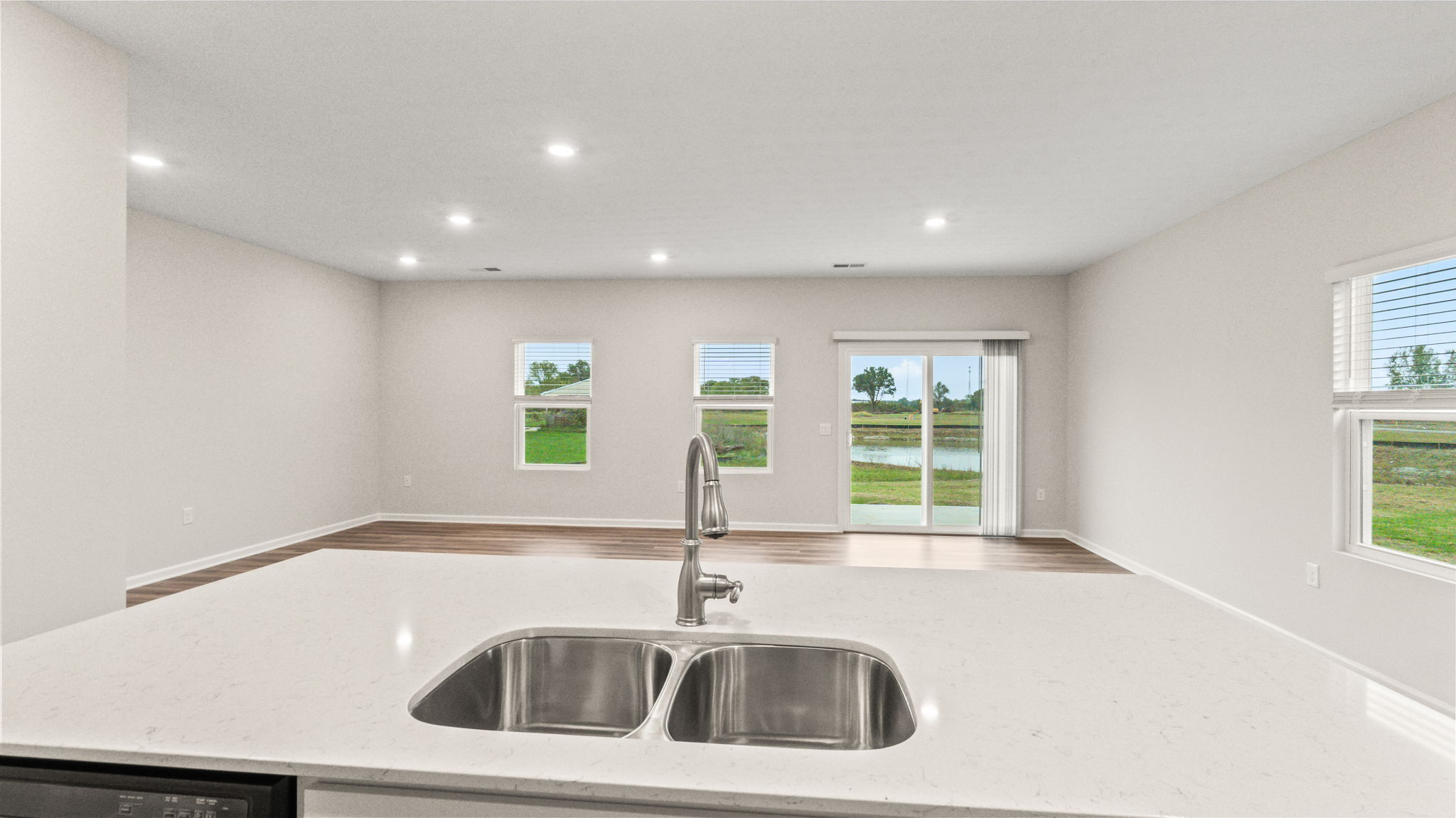 perspective angle from kitchen sink embedded in island