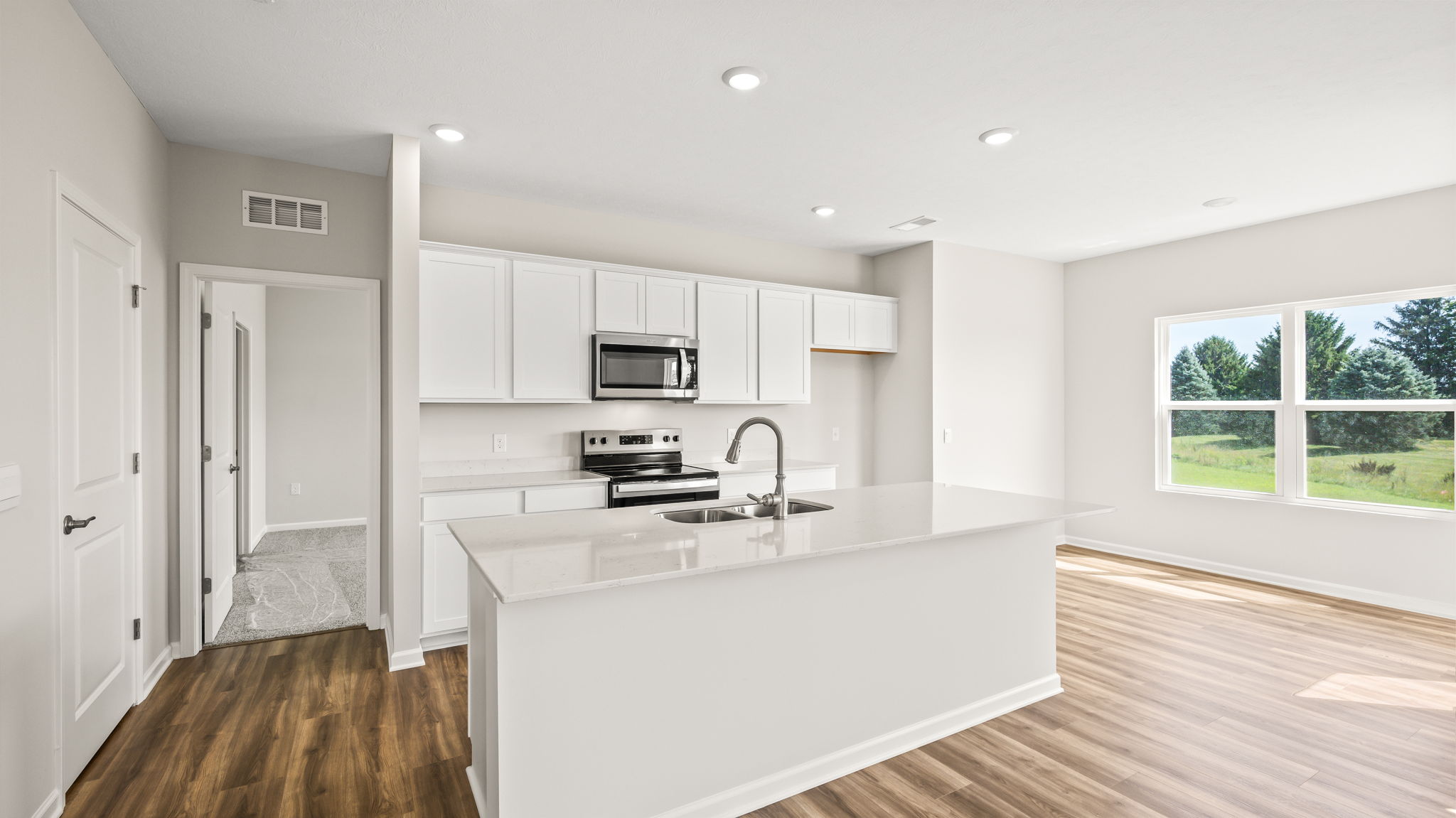 Three-quarter view of kitchen