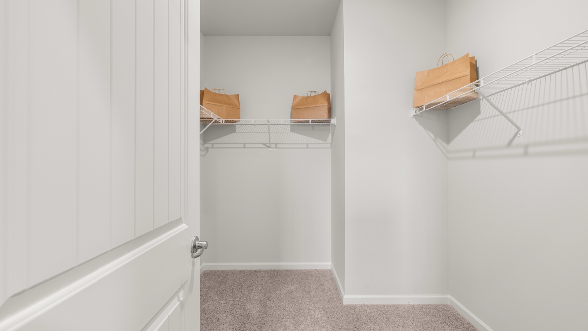 Walk-in closet with wire rack shelving and brown bags