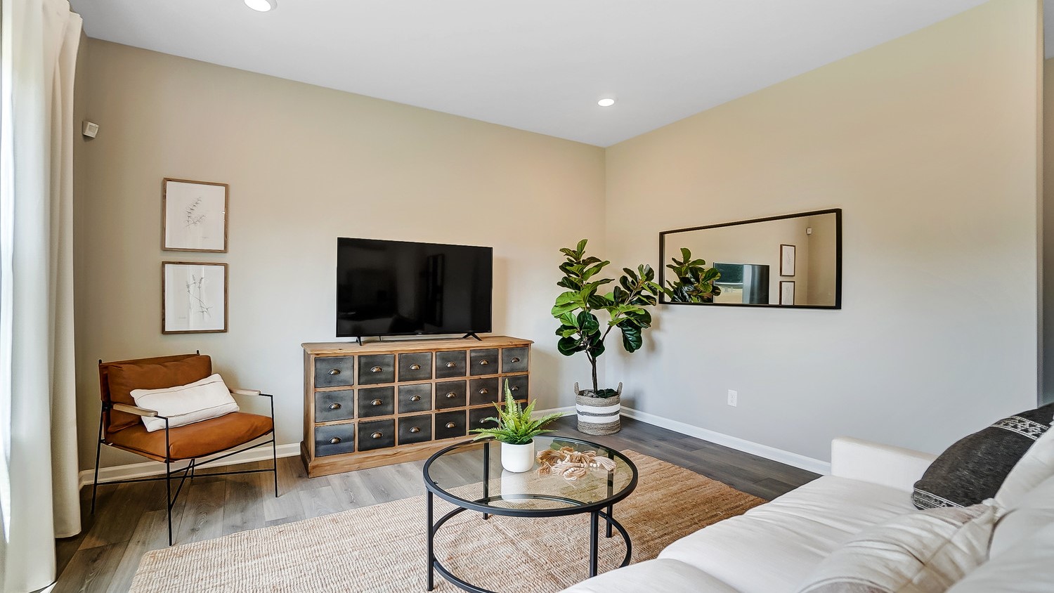 Living room with modern decorations sheik rug and cabinet.