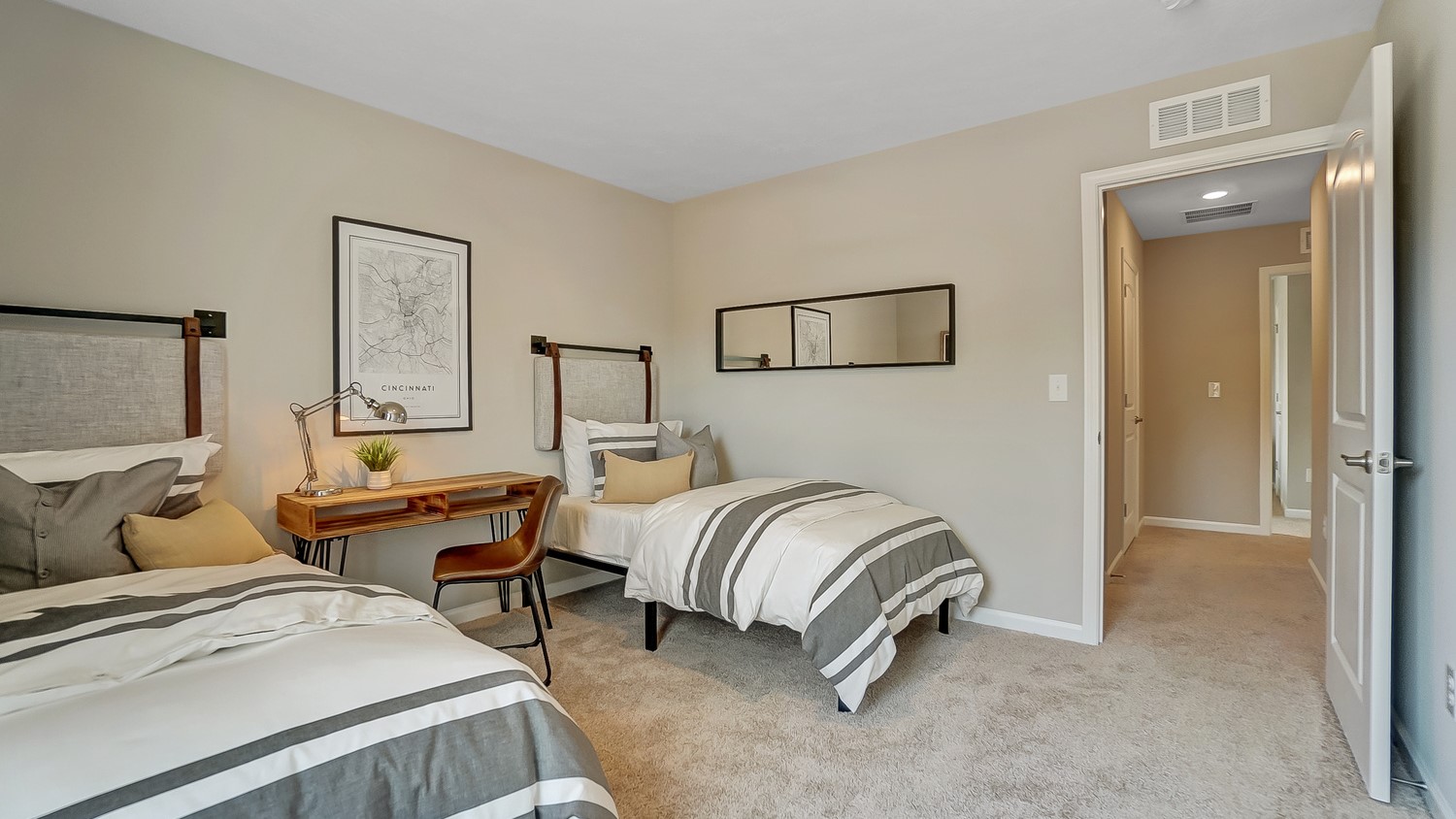 twin bed with modern decorations.