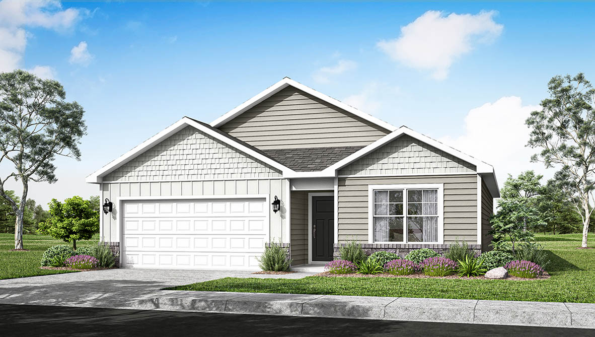 Aldridge plan exterior rendering with D elevation