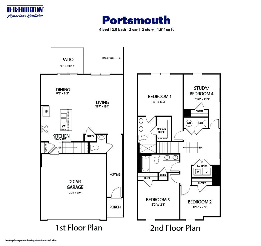 Technical drawing of a portsmouth plan townhome with a left orientation.