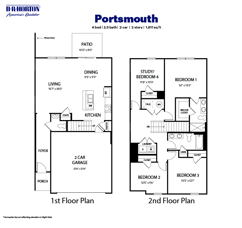 Technical drawing of a portsmouth plan townhome with a right orientation