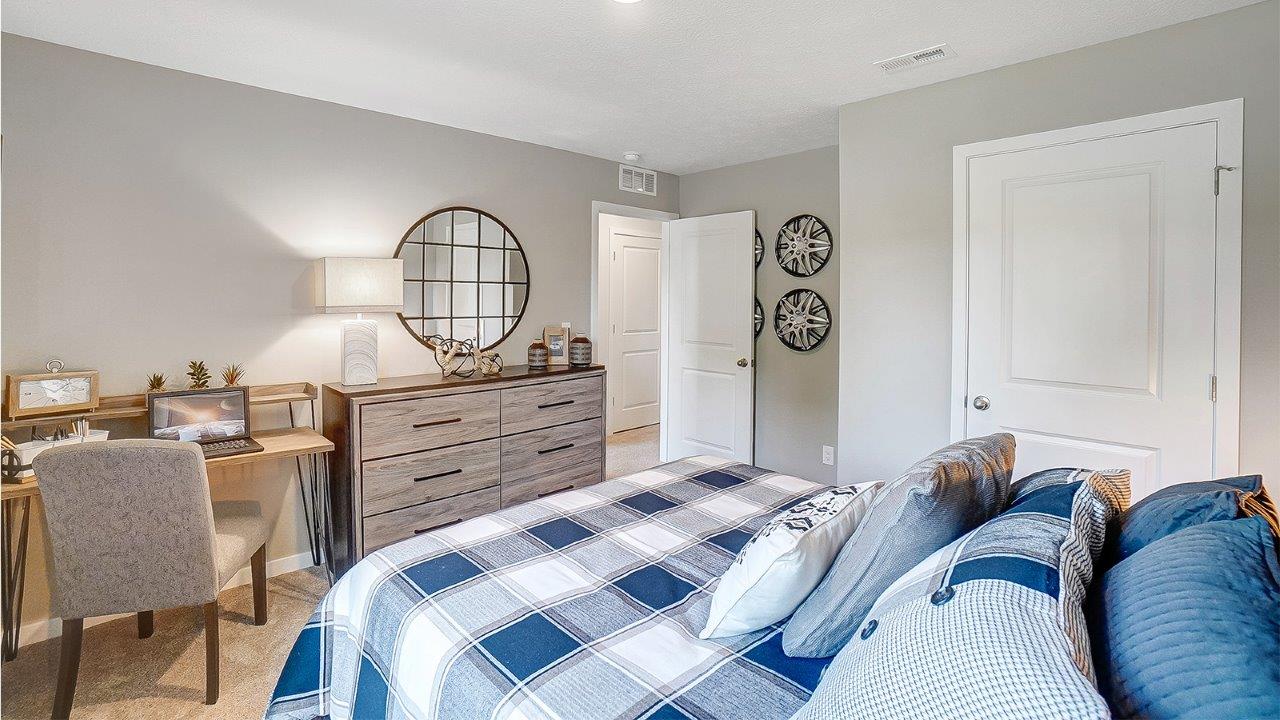 Bedroom with wooden décor and modern decorations.