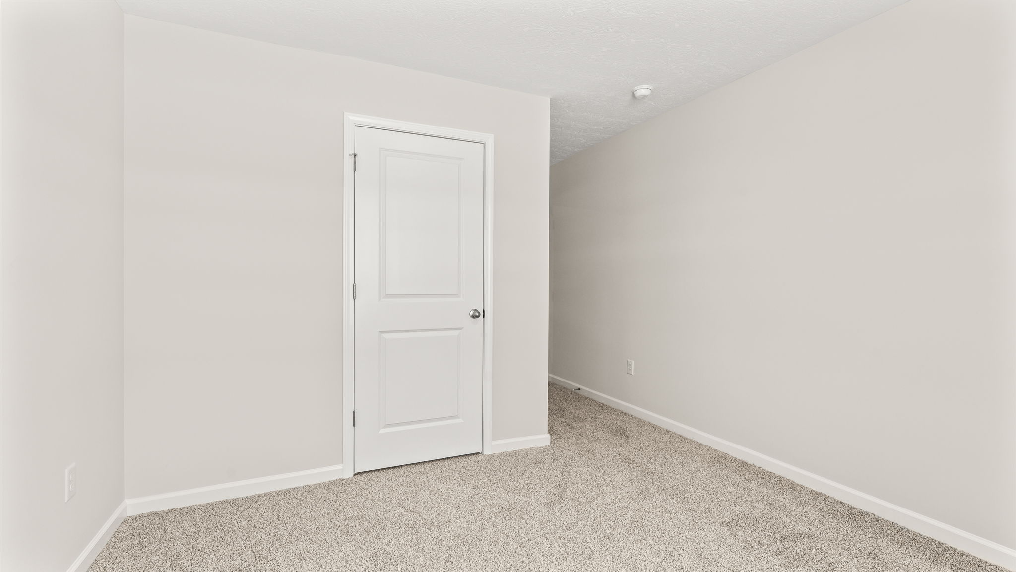 Carpeted bedroom with closet door.