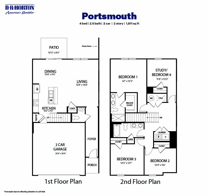 Black and White technical drawing of a portsmouth plan home with left-orientation