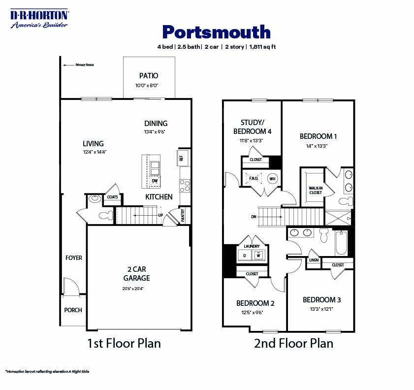 Black and White technical drawing of a portsmouth plan home with right-orientation