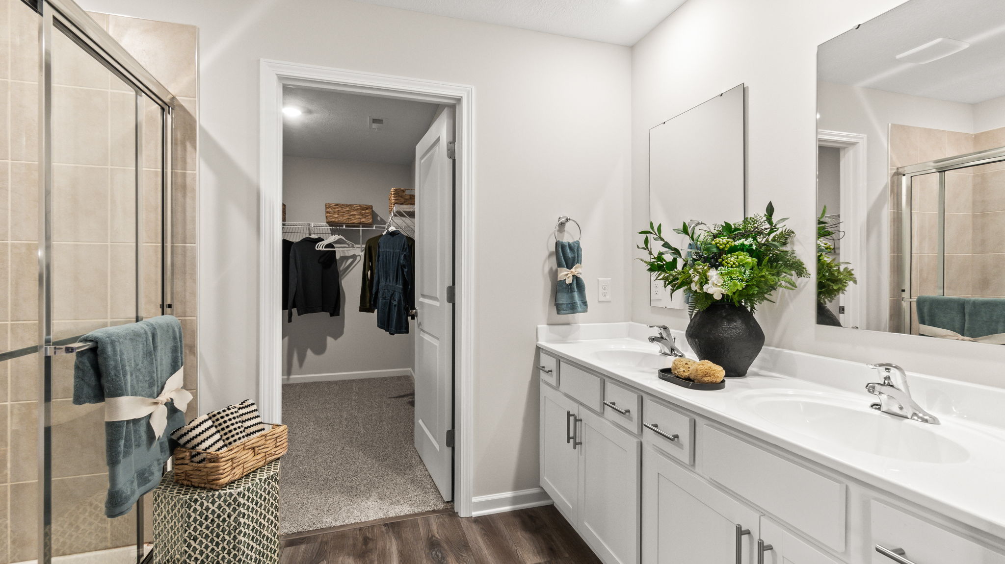 Primary bathroom with with cultured marble vanity, two mirrors, plant, and walk-in closet.