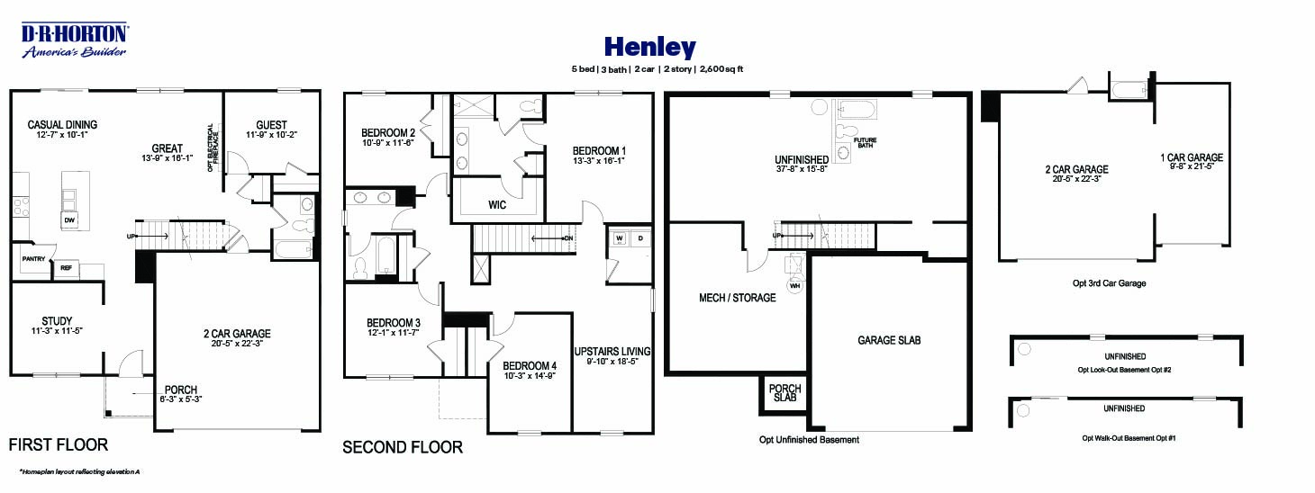 Black and white technical drawing of a henley plan home with a basement