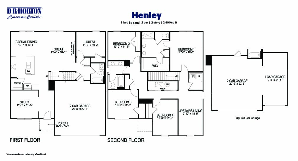 Black and white technical drawing of a henley plan home