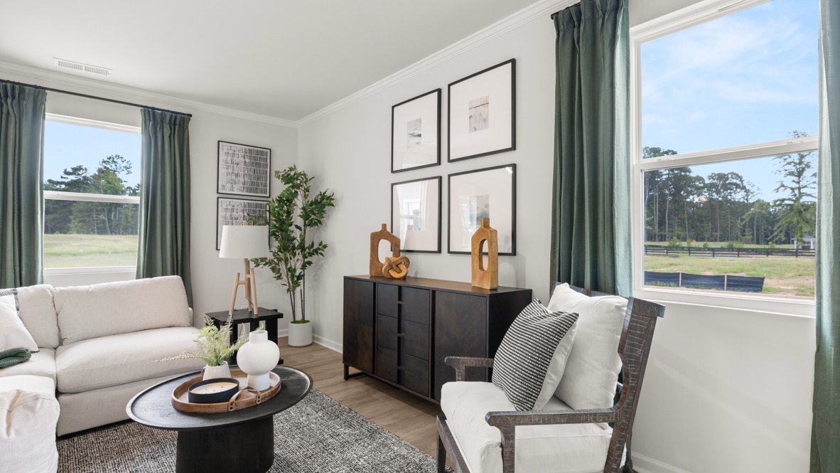 Closeup of living room area with tall green plant in corner, brown console for vases, and white/brown chairs