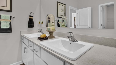 close up of dual vanity sinks in private primary bathroom.