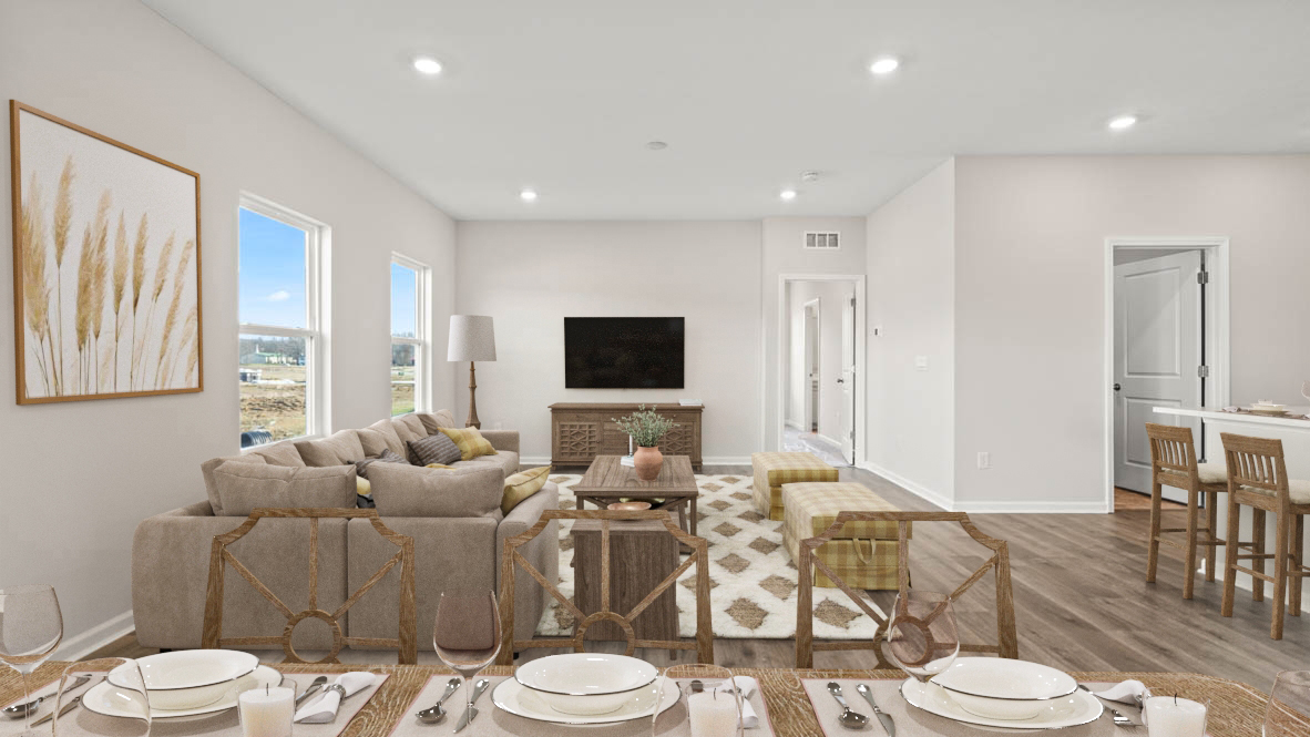 Modern open concept floorplan with living room and wooden dining table.