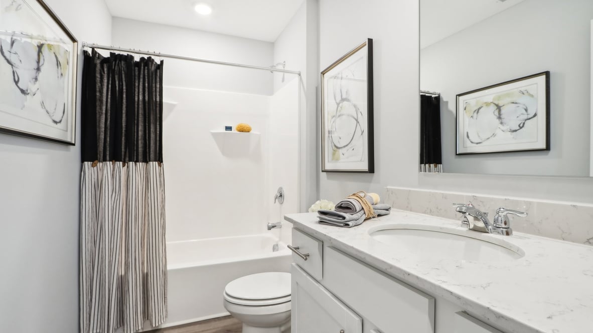 bathroom with white cabinentry and modern decorations.