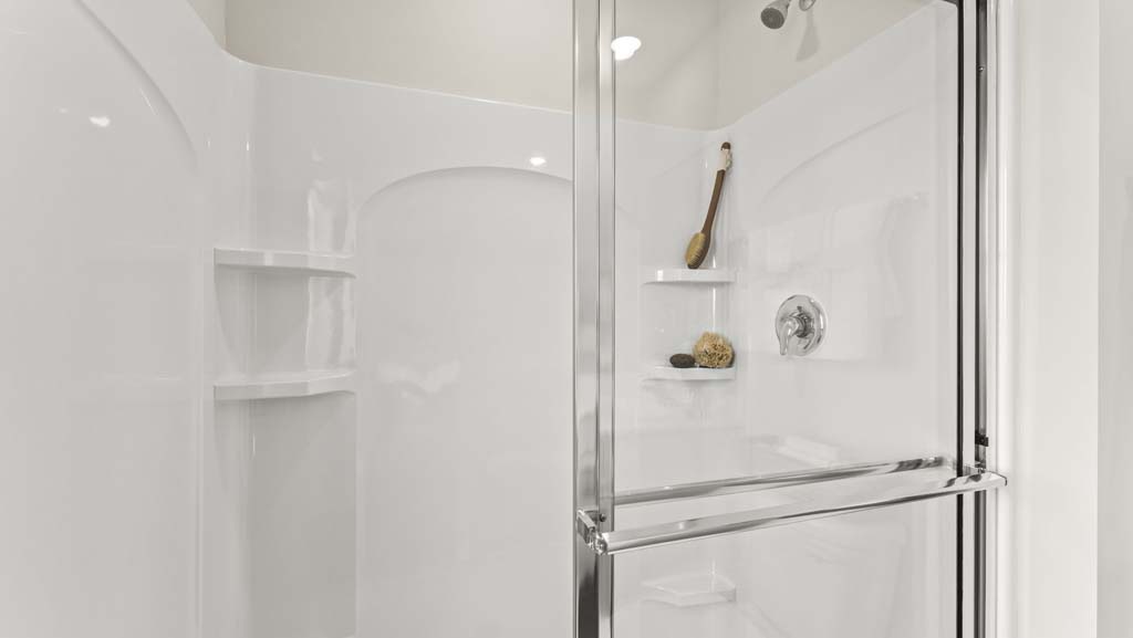 Closeup of primary bathroom shower with loofah and brush on shelving