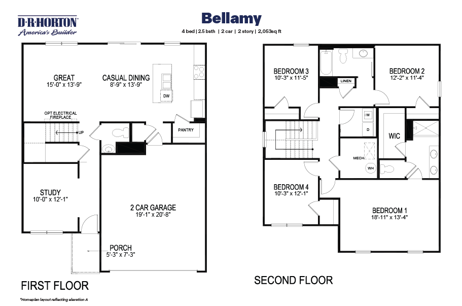 Black and white layout of the two-floor bellamy plan.