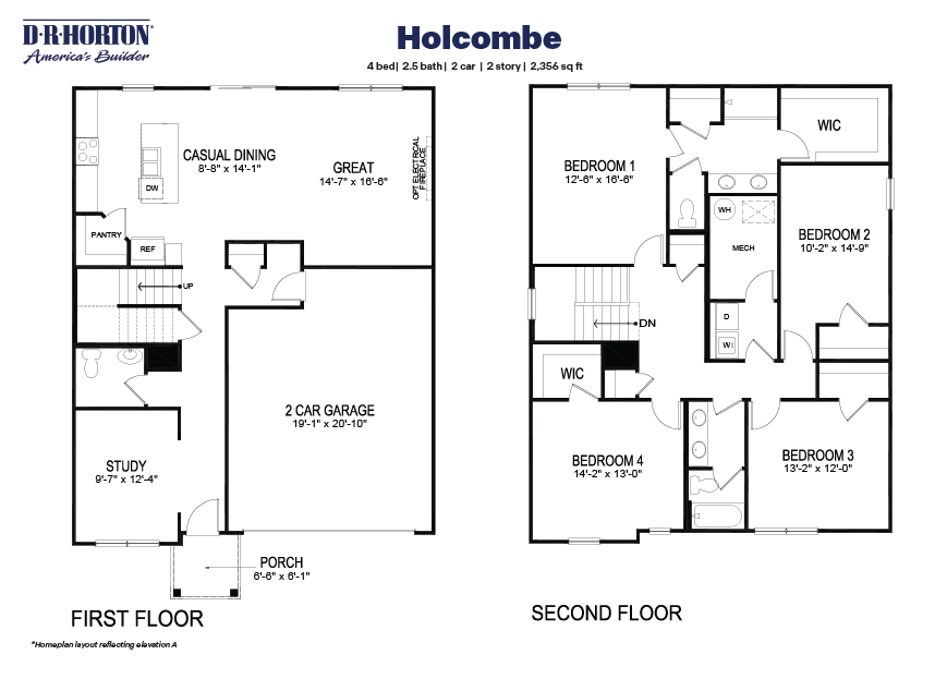 Black and white technical drawing our two-story Holcombe floorplan.
