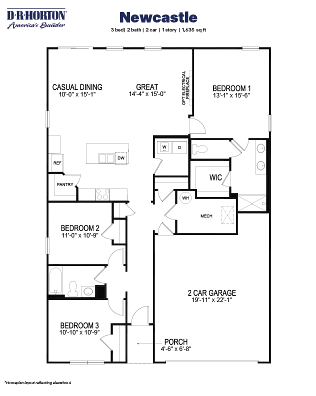 Black and white technical drawing of the ranch-style newcastle floorplan.