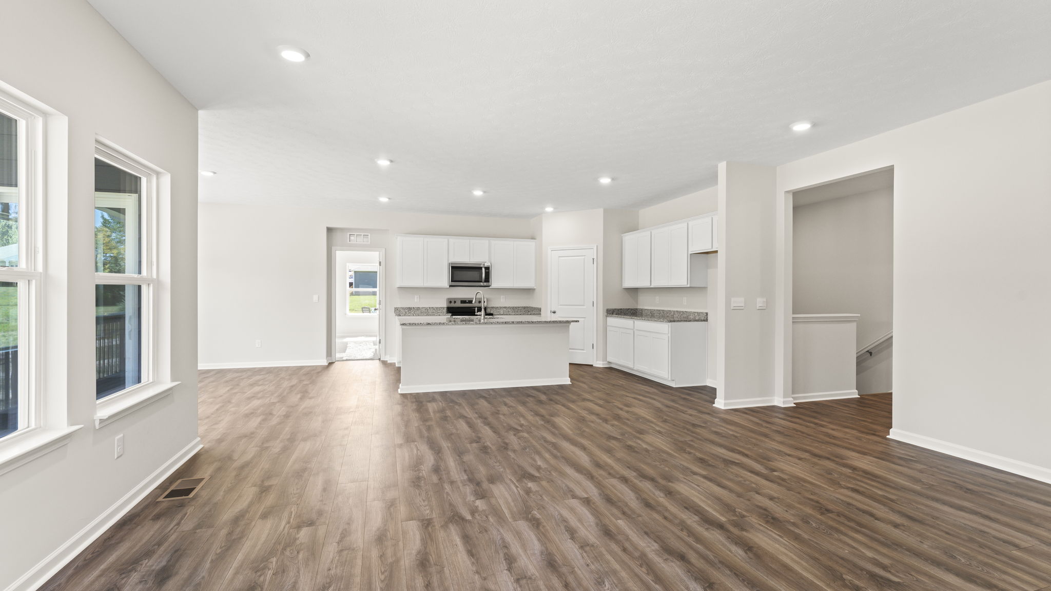 Great room with view of kitchen