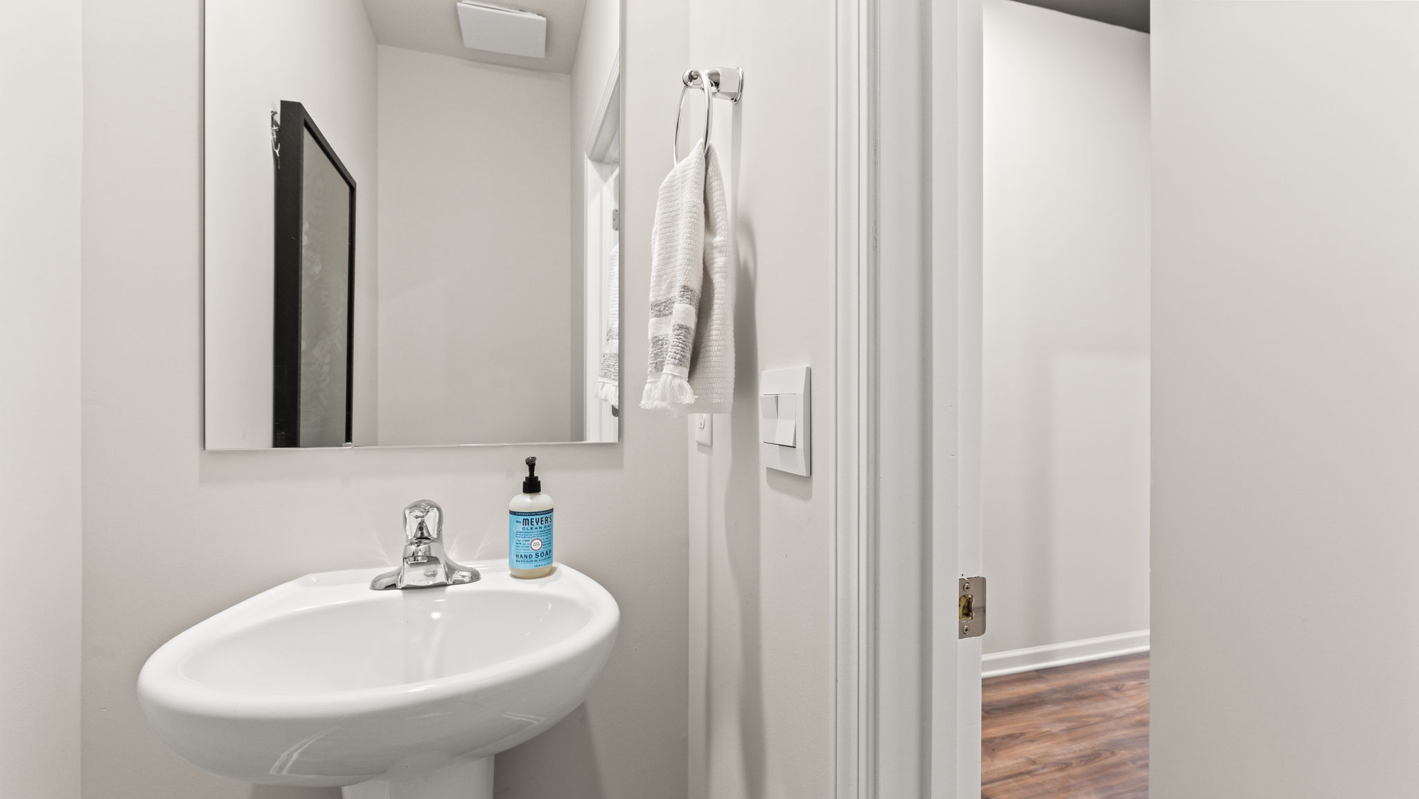 Closeup of the powder room sink and mirror