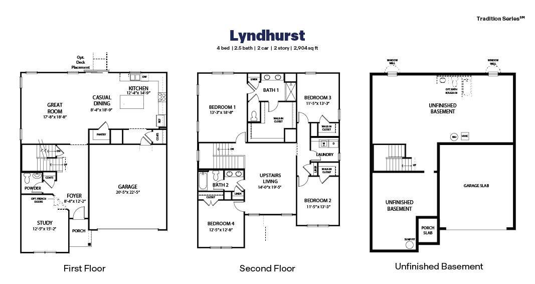Black and white technical drawing of a Lyndhurst plan home with a basement