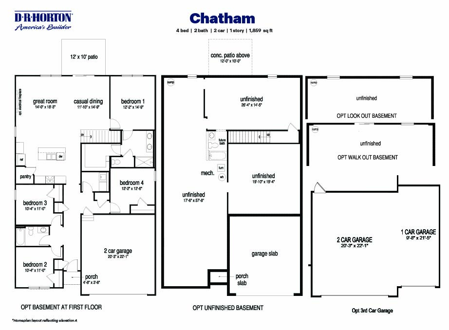 Black and white technical drawing of a chatham plan home with a basement