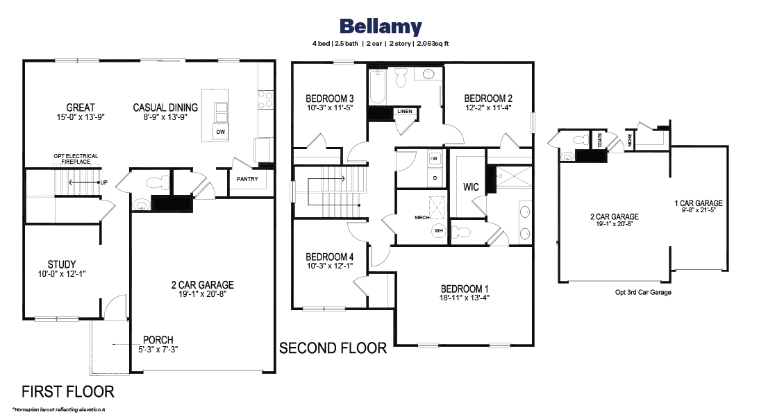 Black and white technical drawing of a Bellamy plan home