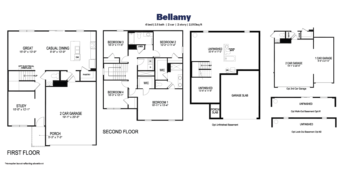 Black and white technical drawing of a bellamy plan home with basement