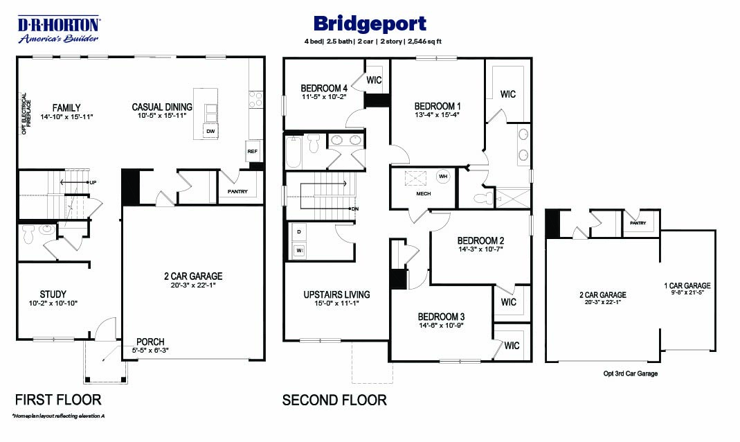 Black and white technical drawing of a bridgeport plan home