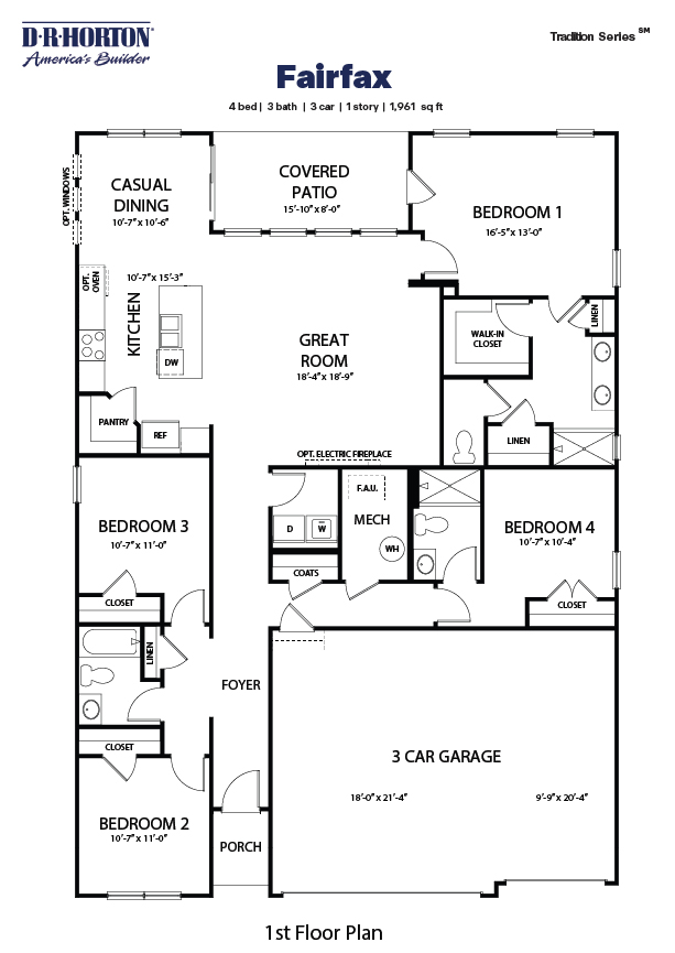 Black and white technical drawing of a fairfax plan home