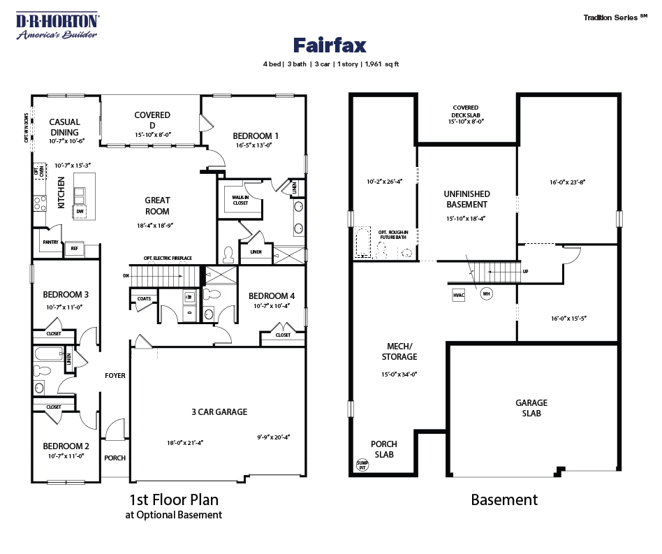 Black and white technical drawing of a fairfax plan home with basement