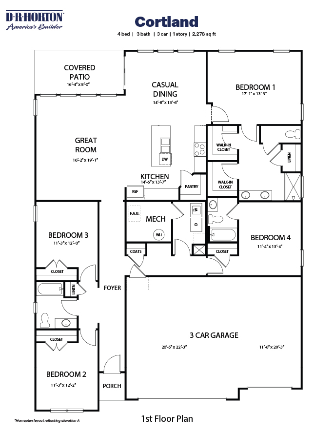 Black and white technical drawing of a cortland plan home